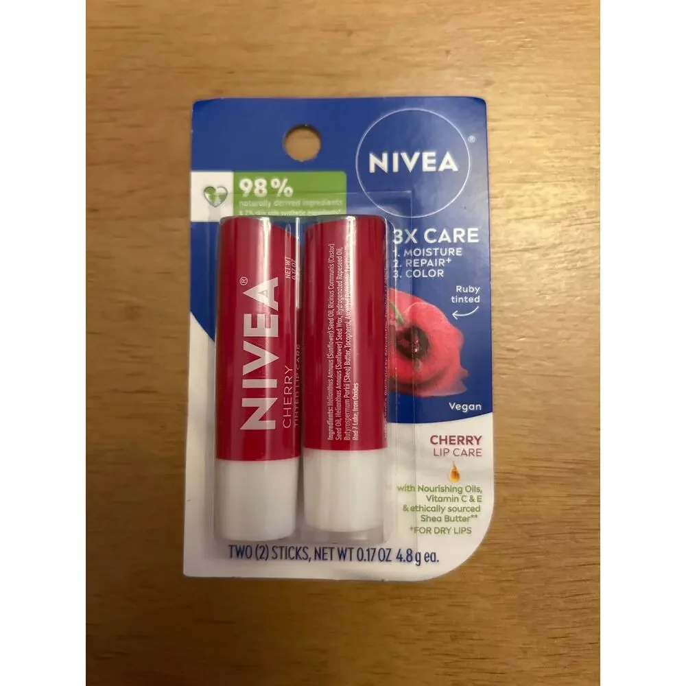 New 2pk Nivea Cherry Lip Care Tinted Lip Balm Ruby Tinted 98% Natural Ingredient